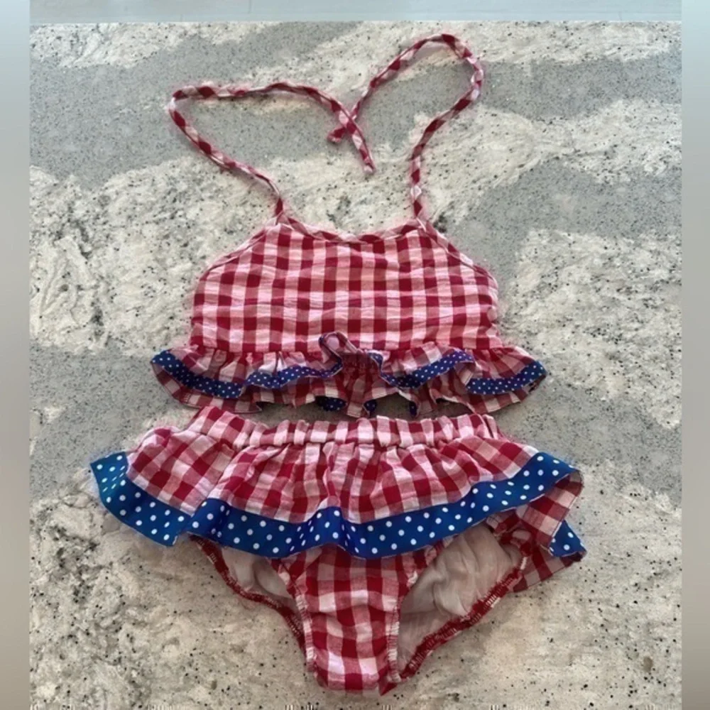 Classic Whimsey red white and blue Patriotic Gingham bathing suit girls size 6